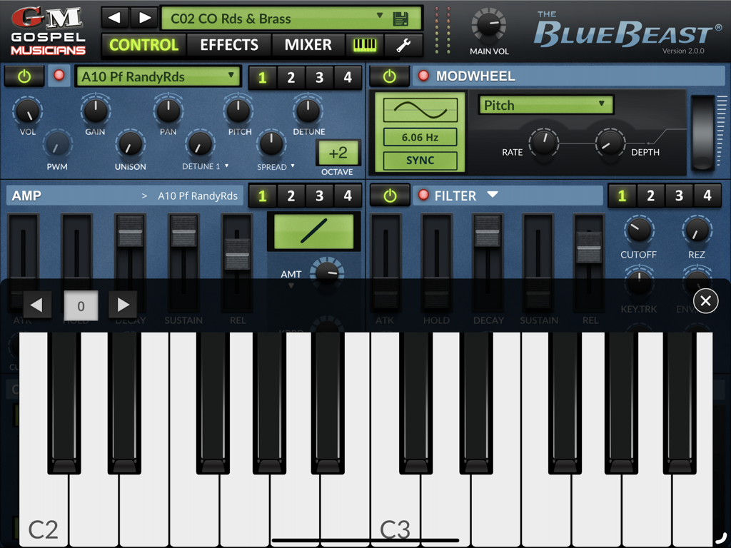 BlueBeast - Yamaha EX5 Library - Interfaz de la aplicación de sintetizador BlueBeast Yamaha EX5 con teclado de piano virtual y controles de sonido