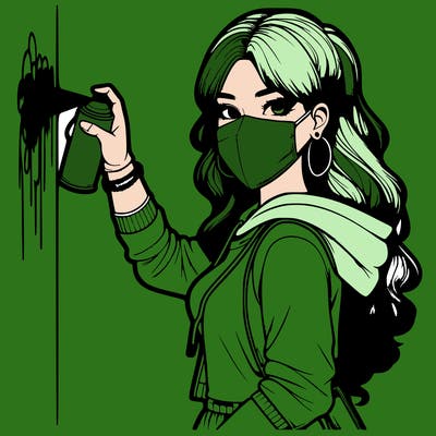 realistic girl with mask spray painting a wall