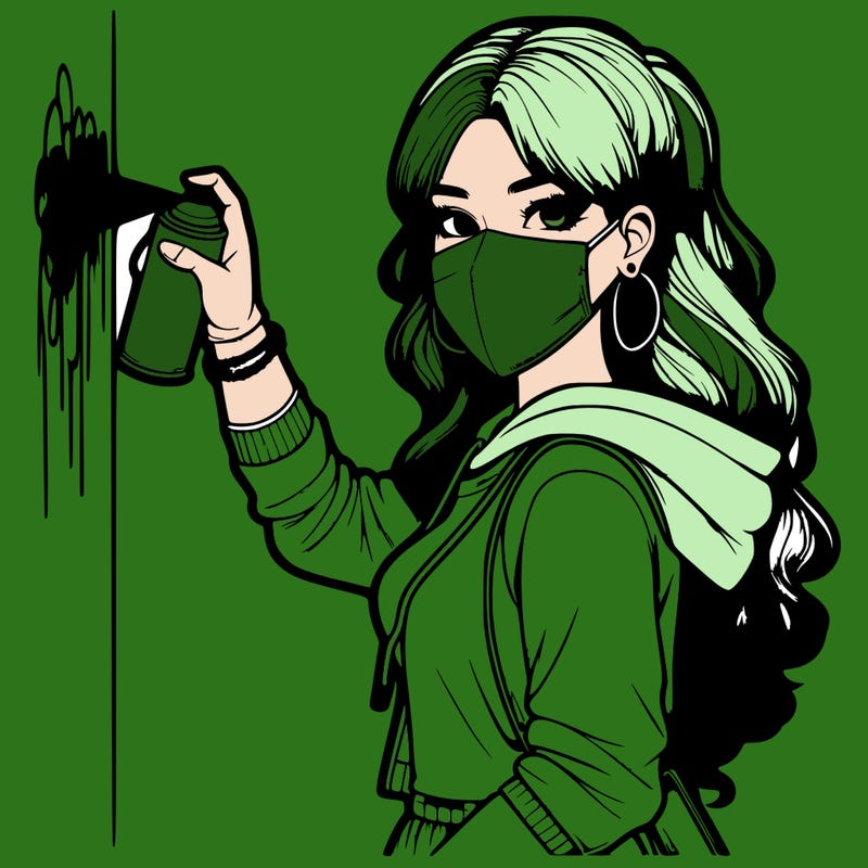 realistic girl with mask spray painting a wall