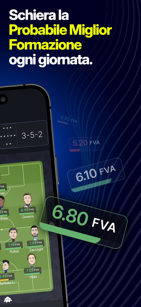 Algo Fantacalcio - Interfaccia dell'app Algo Fantacalcio che mostra una formazione di fantacalcio 3-5-2 con valutazioni dei giocatori.
