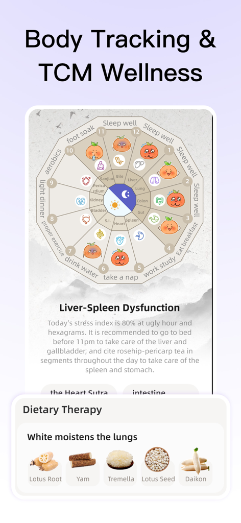 Destress Now - Stress Monitor - Destress Nowアプリのスクリーンショット。伝統的な中国医学のボディクロックとウェルネスのための食事療法のおすすめを表示しています。