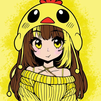 anime girl with chick shaped hat with sweater with bare shoulders with bangs covering them one eye with low tail