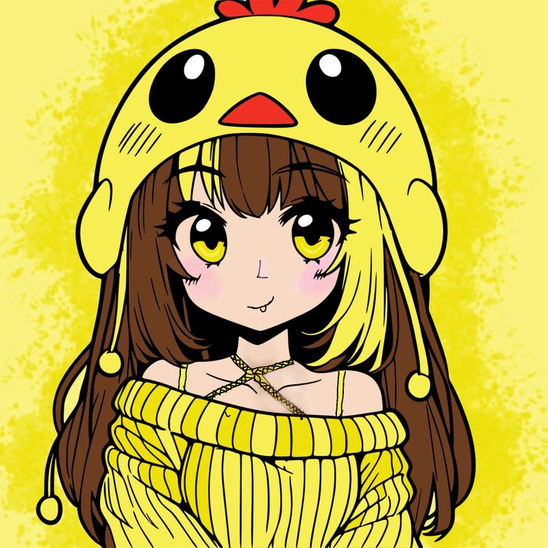 anime girl with chick shaped hat with sweater with bare shoulders with bangs covering them one eye with low tail