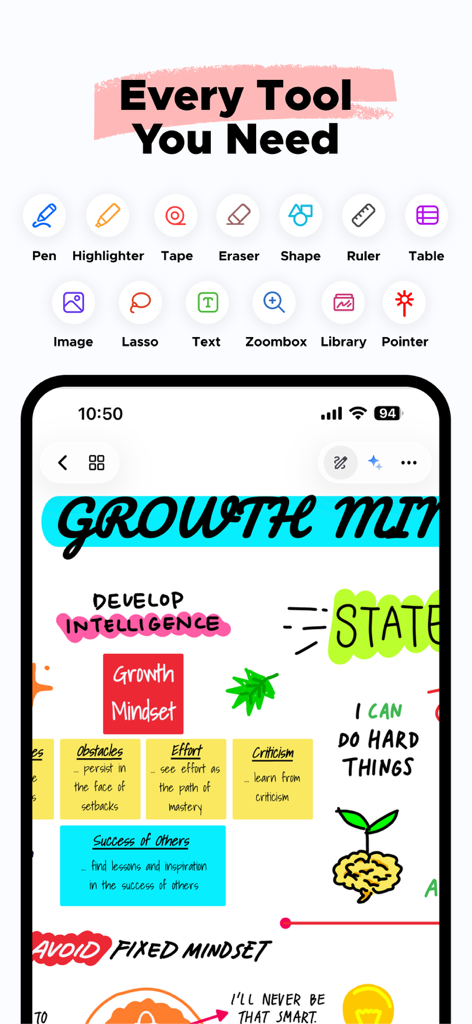 Notewise - AI Notes, PDF, Docs - Interface of Notewise app displaying a growth mindset digital note and a set of productivity tools like pen, highlighter, and lasso.