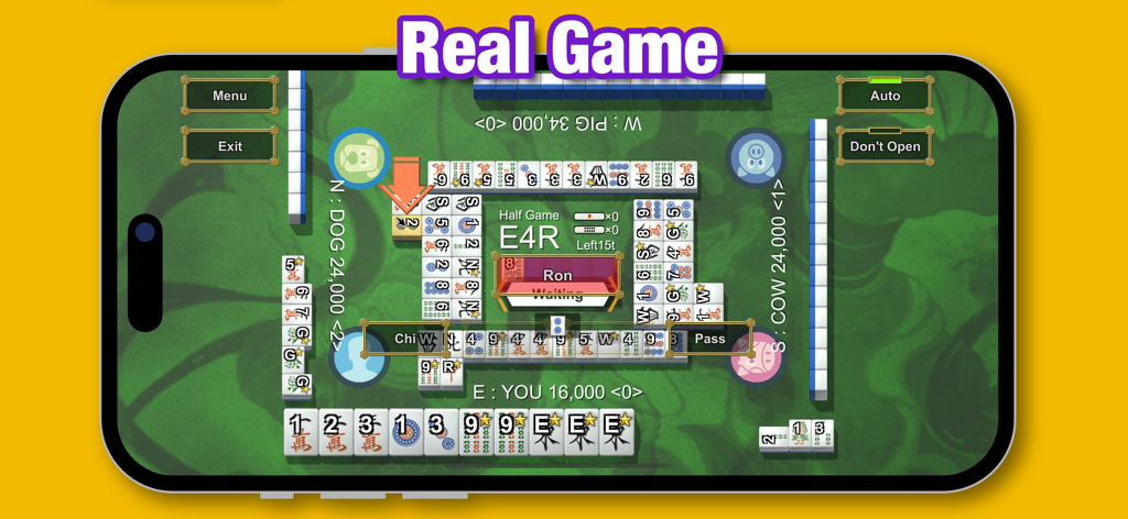 Mahjong Demon - A gameplay screenshot of the Mahjong Demon mobile app showing a Japanese Riichi Mahjong match on a digital table.