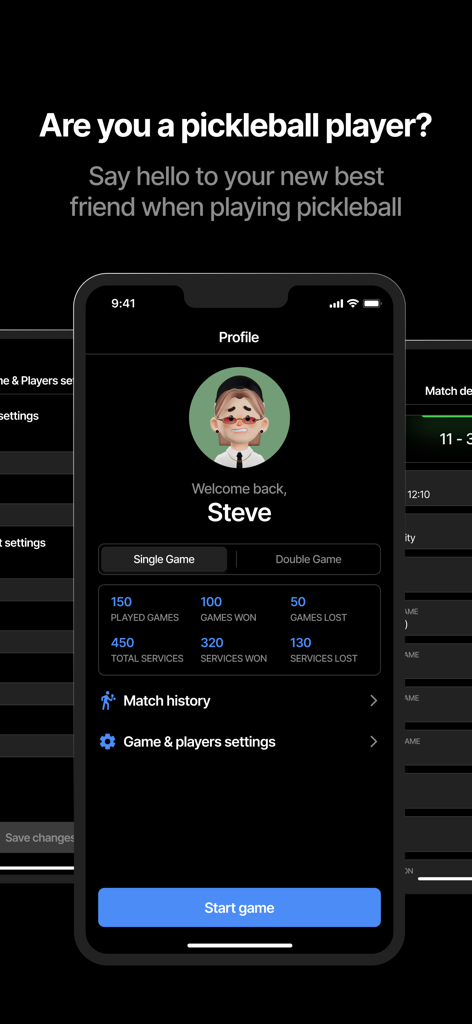Matchkeeper - Pickleball - Matchkeeper Pickleball mobile app profile page displaying player game statistics and match history
