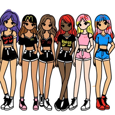 a group of girls wearing crop tops and shorts