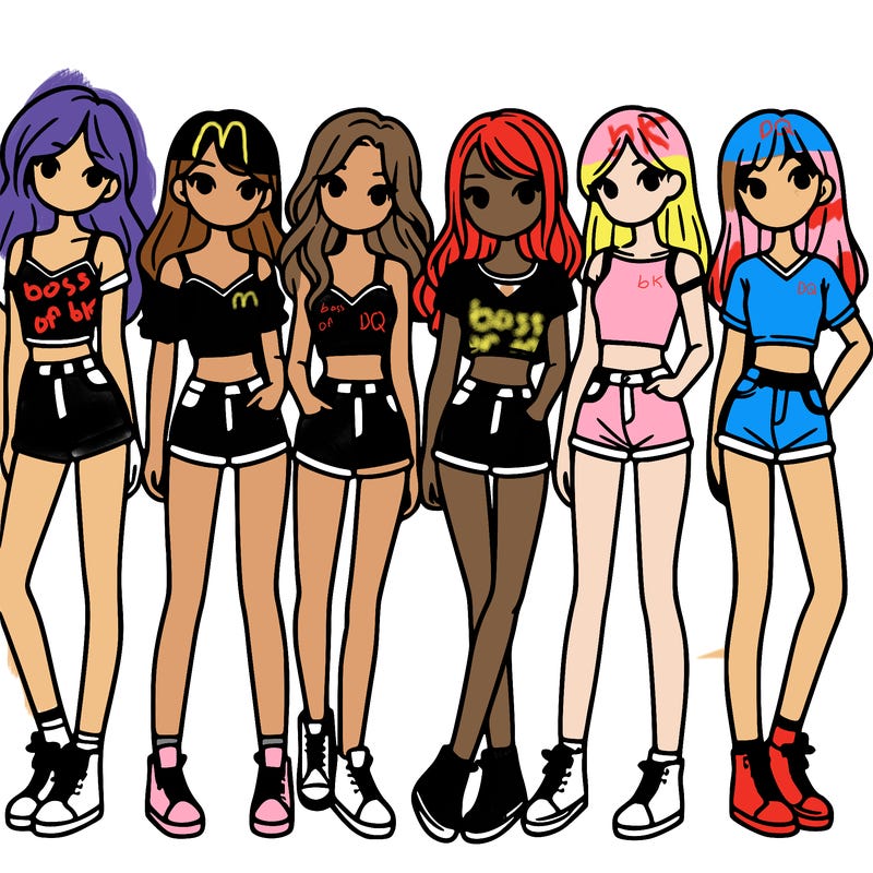 a group of girls wearing crop tops and shorts
