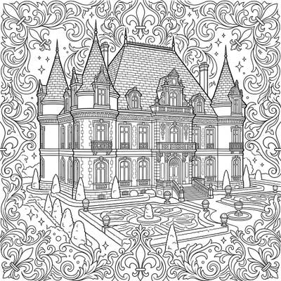 Immerse yourself in the opulence of a French Chateau Mansion with this stunning coloring page. Featuring elaborate architecture, elegant gardens, and intricate rococo details, it promises a truly regal coloring experience.