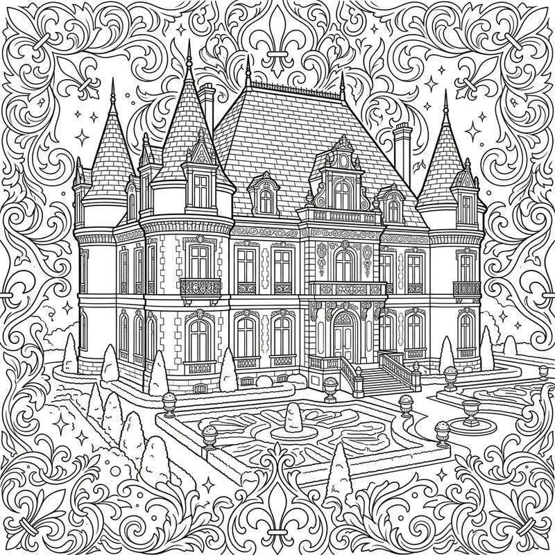 Immerse yourself in the opulence of a French Chateau Mansion with this stunning coloring page. Featuring elaborate architecture, elegant gardens, and intricate rococo details, it promises a truly regal coloring experience.