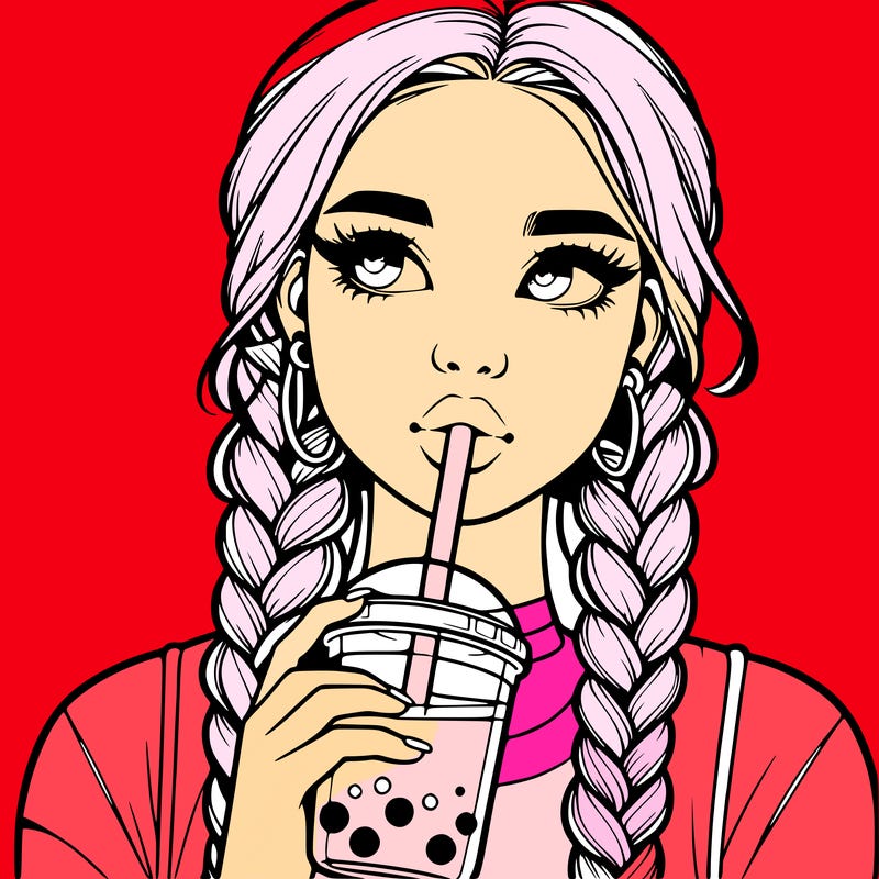 realistic girl with braided hair drinking boba