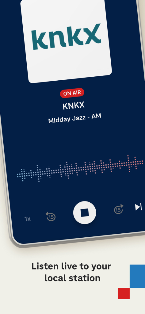 NPR app interface showing a live radio stream from local station KNKX playing midday jazz
