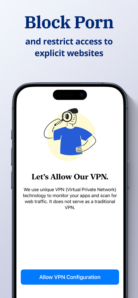 Victory Shield - Smartphone screen from Victory Shield app showing a prompt to allow VPN configuration to block explicit content