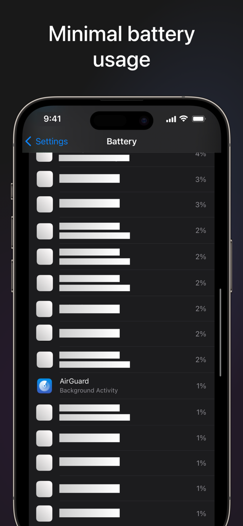AirGuard - Tracking Protection - iPhone settings screen showing AirGuard app with minimal one percent battery usage.