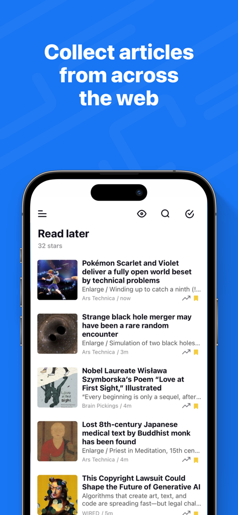 Inoreader app displaying a curated list of saved articles in the Read Later feed