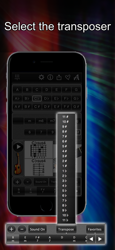 120 Guitar Chords - Pantalla móvil que muestra la herramienta de transposición para cambiar las tonalidades de los acordes de guitarra