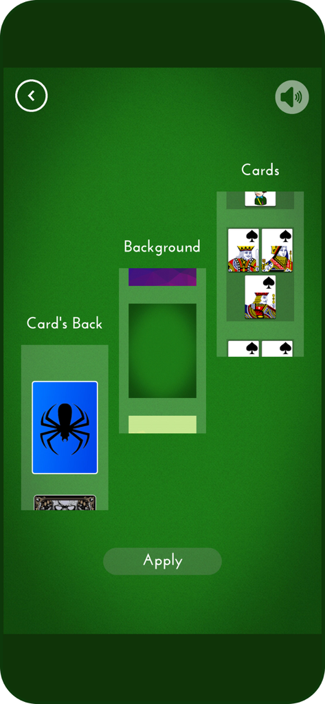 Customization menu for Spider Solitaire showing card back background and card face options