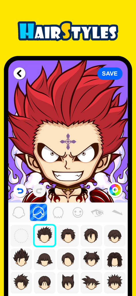 SuperMe-Avatar Maker Creator - Interfaz de la aplicación SuperMe que muestra la personalización de peinados para un avatar de anime