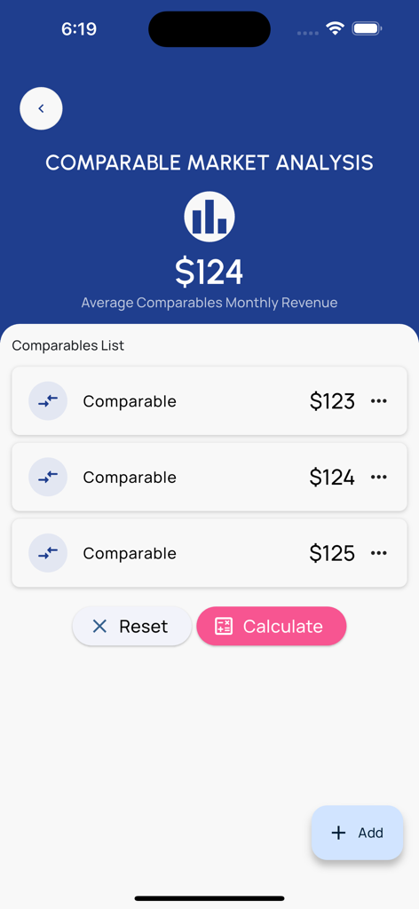 Rentalizer app screen displaying a comparable market analysis with average monthly revenue and a list of comparable properties