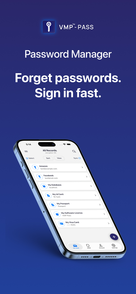 Password Manager by VMP - La aplicación VMP Pass en un iPhone mostrando una lista de credenciales de inicio de sesión cifradas y documentos digitales seguros