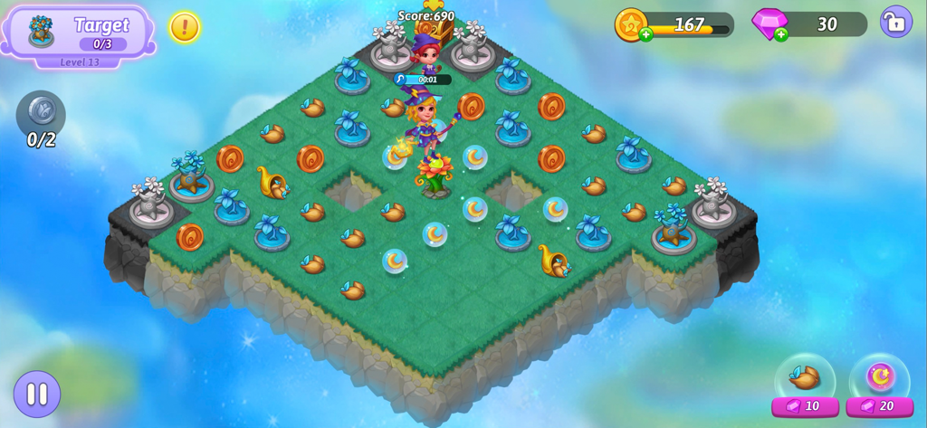 Merge Witches-Fun Puzzle Game - Jugabilidad de Merge Witches mostrando una isla flotante con objetos mágicos para emparejar y fusionar.