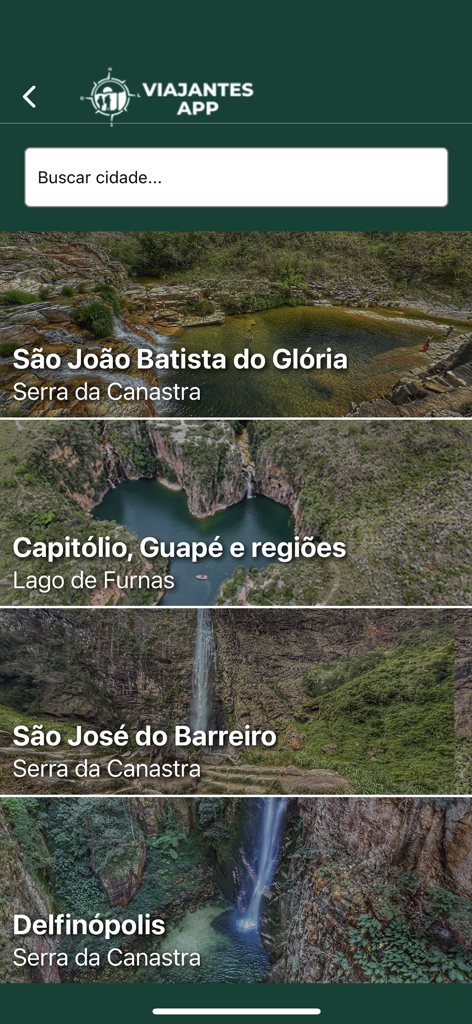 Viajantes App - Liste de destinations de nature au Brésil, incluant les cascades de la Serra da Canastra sur l'application Viajantes