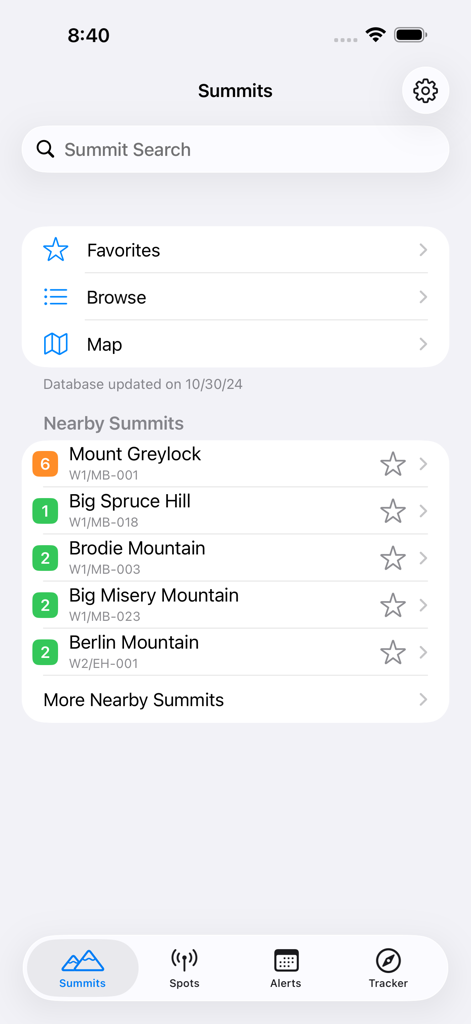 SOTA Goat - Main screen of the SOTA Goat app showing the summit search and nearby peaks list.