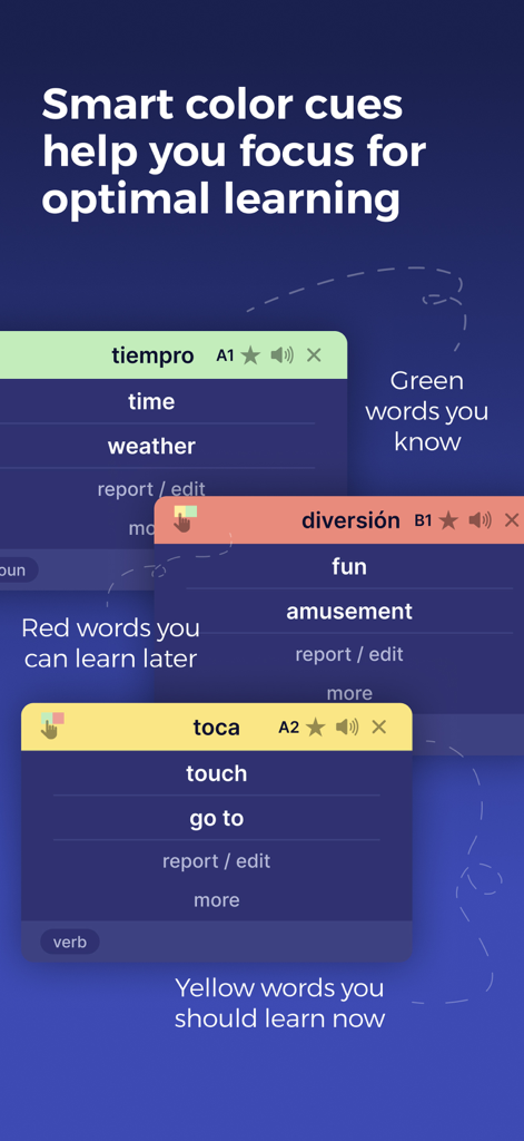 Lingoal: Languages with media - Capture d'écran de l'application Lingoal illustrant les indices de couleur intelligents pour prioriser l'apprentissage du vocabulaire en fonction des niveaux CECRL.