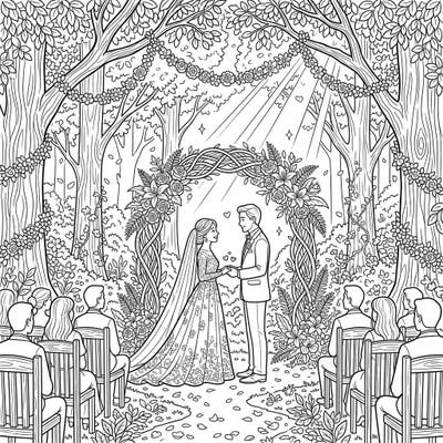 Capture the romance of a beautiful forest wedding with this intricate coloring page. Sunbeams filter through the trees, illuminating a heartfelt ceremony perfect for adult and teen colorists.