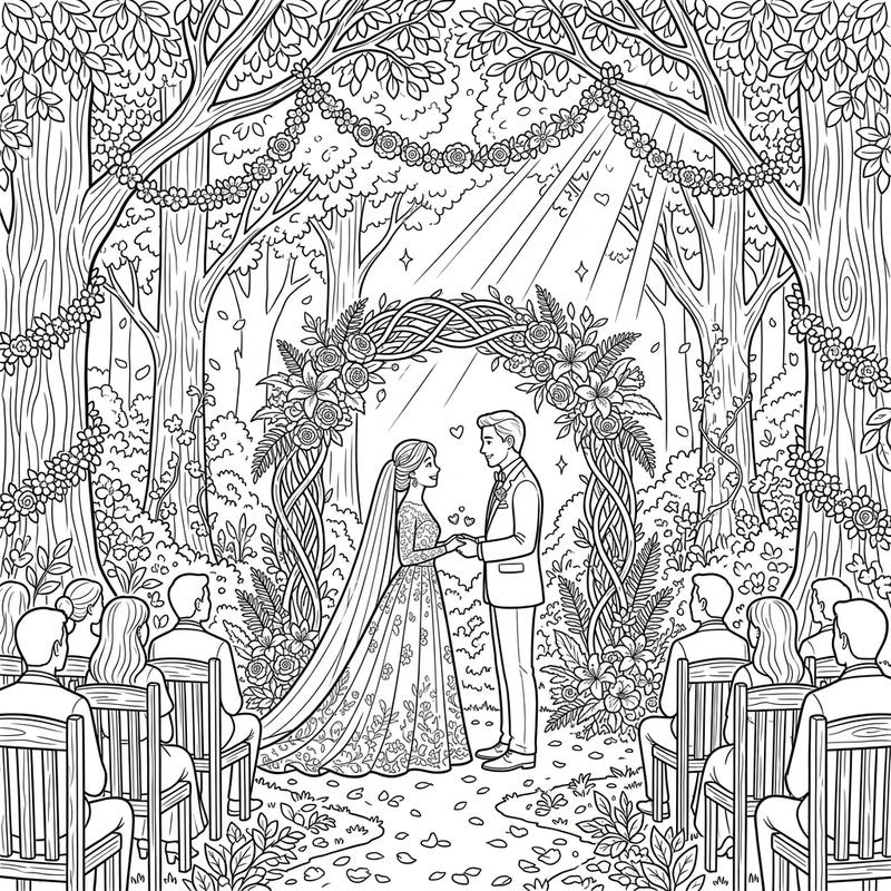 Capture the romance of a beautiful forest wedding with this intricate coloring page. Sunbeams filter through the trees, illuminating a heartfelt ceremony perfect for adult and teen colorists.
