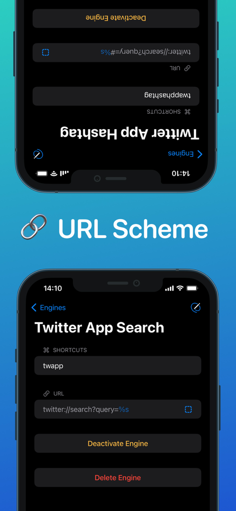 xSearch for Safari - Interface of xSearch app showing URL scheme configuration for Twitter app search