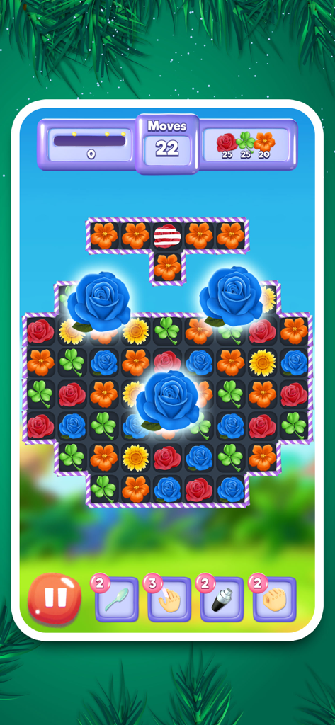 Gameplay screen of Blossom Burst Epic showing a floral match-3 puzzle board with blooming blue roses