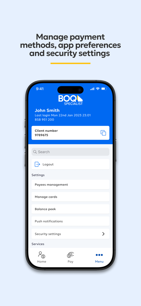 BOQ Specialist Mobile Banking - Écran du menu des paramètres de l'application bancaire mobile BOQ Specialist pour la gestion des paiements et de la sécurité
