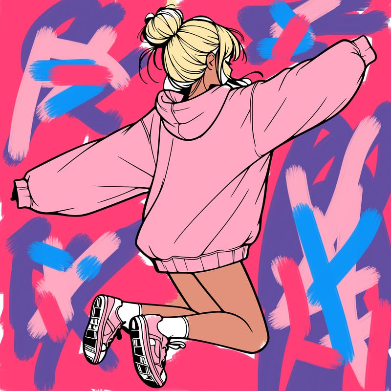 realistic girl jumping with a bun and oversized sweatshirt