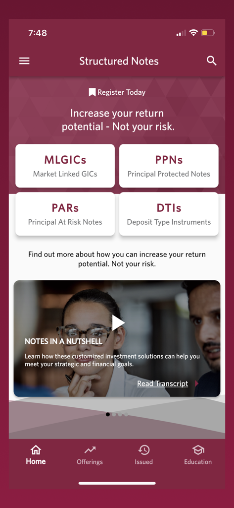 CIBC Structured Notes app home screen displaying investment options and a notes in a nutshell video