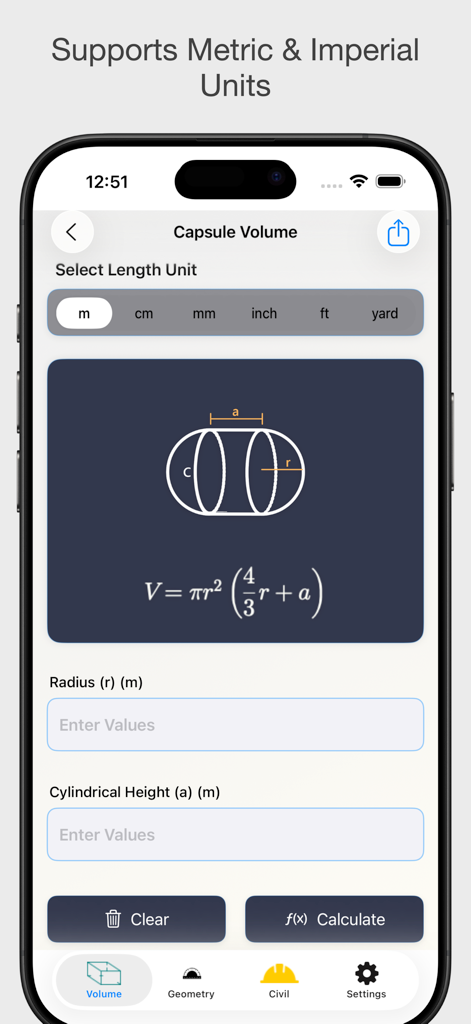 Volume Calculator 3D - Volume Calculator 3D app interface showing the capsule volume formula and unit selection for metric and imperial measurements