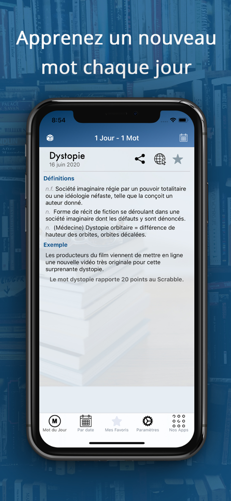 Mobile app interface of 1 Jour 1 Mot showing the definition and usage examples for the French word Dystopie