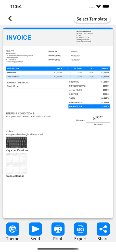 Easy Invoice & Estimate Maker - Preview of a professional invoice generated on a mobile app including itemized costs and signature
