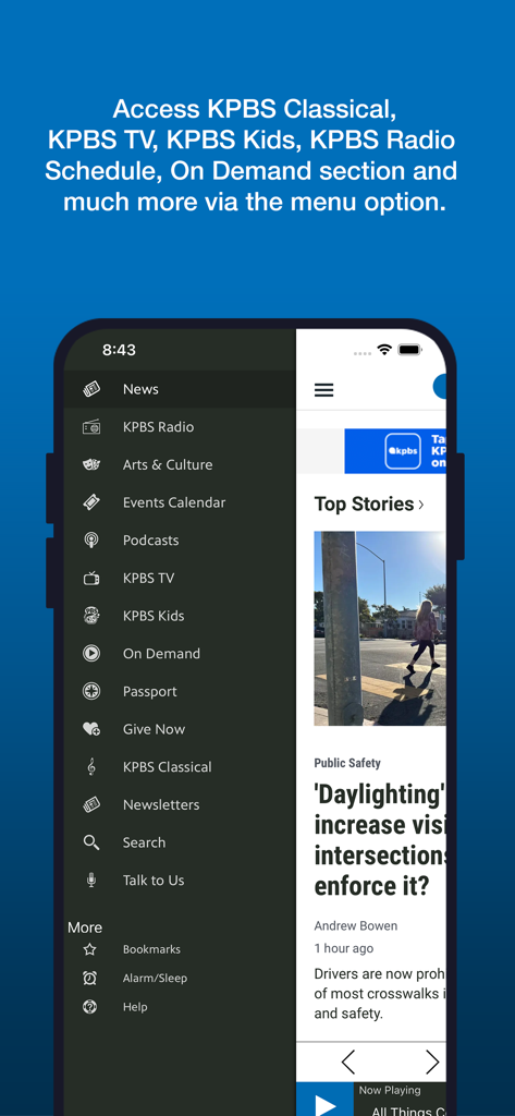Side navigation menu of the KPBS mobile app showing various sections like News, Radio, TV, Podcasts, and On Demand content.