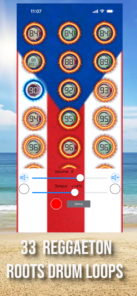 Reggaeton Roots Drum Loops - Interface of the Reggaeton Roots Drum Loops app featuring various BPM buttons and tempo controls.
