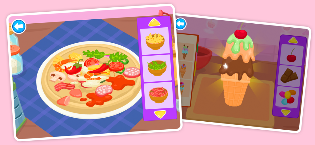 Supermarket Story - Toddlers preparing pizza and ice cream in the Supermarket Story cafe mini-game