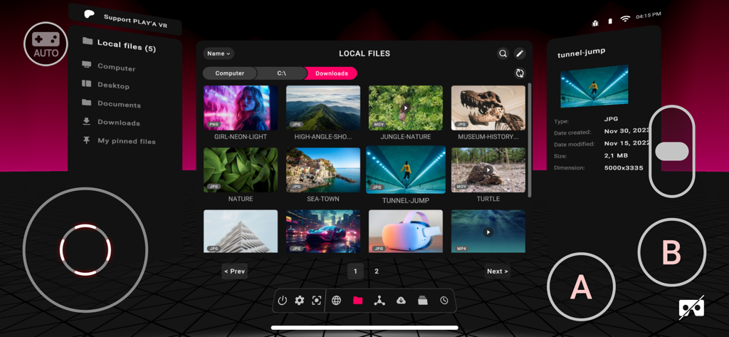 PLAY'A - Interface of PLAY'A VR app showing a grid of local video files and a media details panel