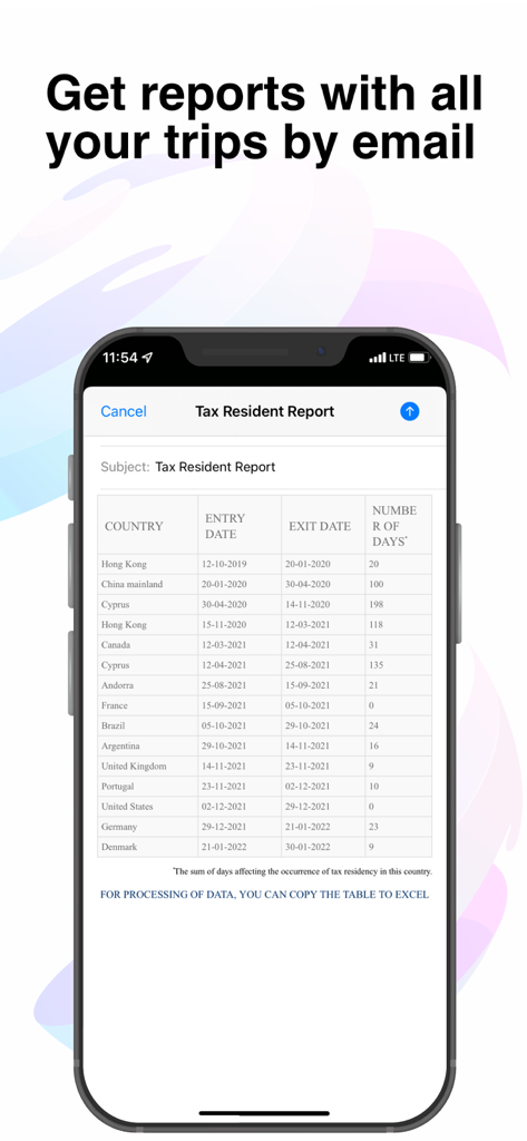 Tax Resident - Days Tracker - Screenshot of the Tax Resident app showing a detailed trip report table with entry and exit dates for tax compliance