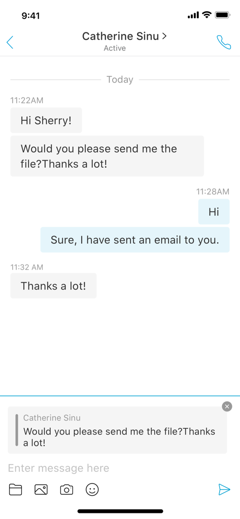 Cisco Jabber mobile app screen showing a professional instant messaging chat on an iPhone