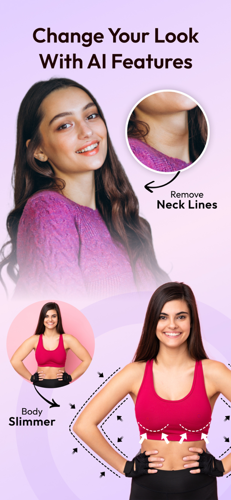 A showcase of AI photo editing features including neck line removal and body slimming tools applied to female portraits.