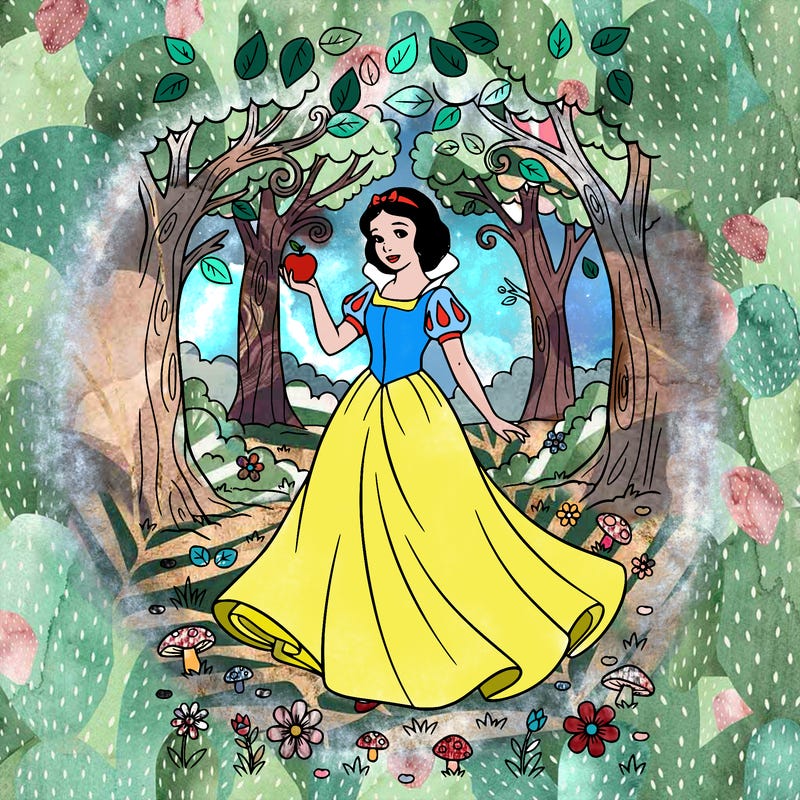 snow white holding an apple wearing a gown in a forest