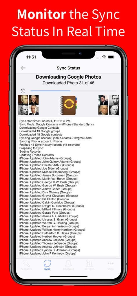 Real-time sync status screen showing contact update progress on iPhone
