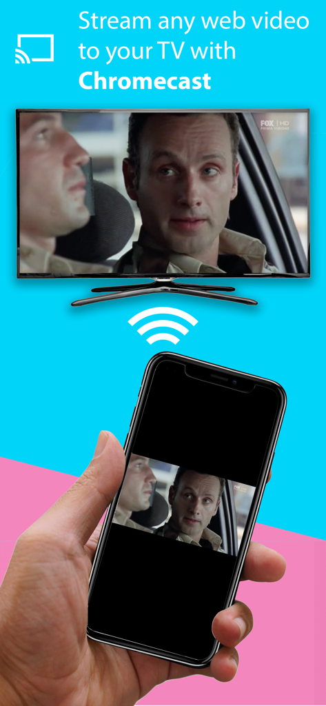Video Web - Video Player - A hand holding a smartphone casting a web video to a television screen using Chromecast technology.