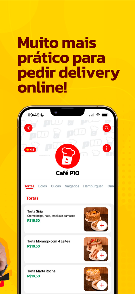 Interfaccia mobile dell'app Pedidos10 che mostra una selezione di torte per l'ordinazione online