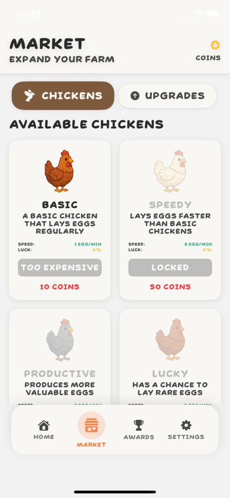 In-game market screen showing available chickens like Basic and Speedy for purchase with coins